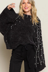 POL Oversized Pearl Embellished Sweater OutfitFlow